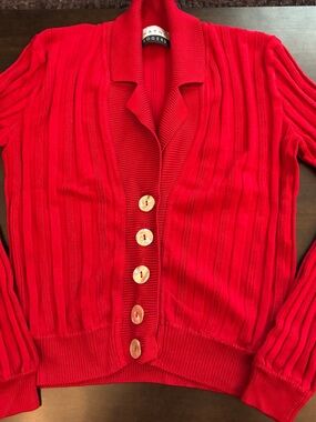 90s Wayne Rogers Crimson Red Ribbed Sweater Cardigan. Iridescent Buttons. Medium